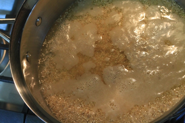3. Bring 2 cups of water to a boil, then add quinoa and cumin. 
